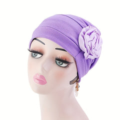 Flower Decor Turban Cap Elastic Head Wrap Chemo Hats Beanie Lightweight Bonnet
