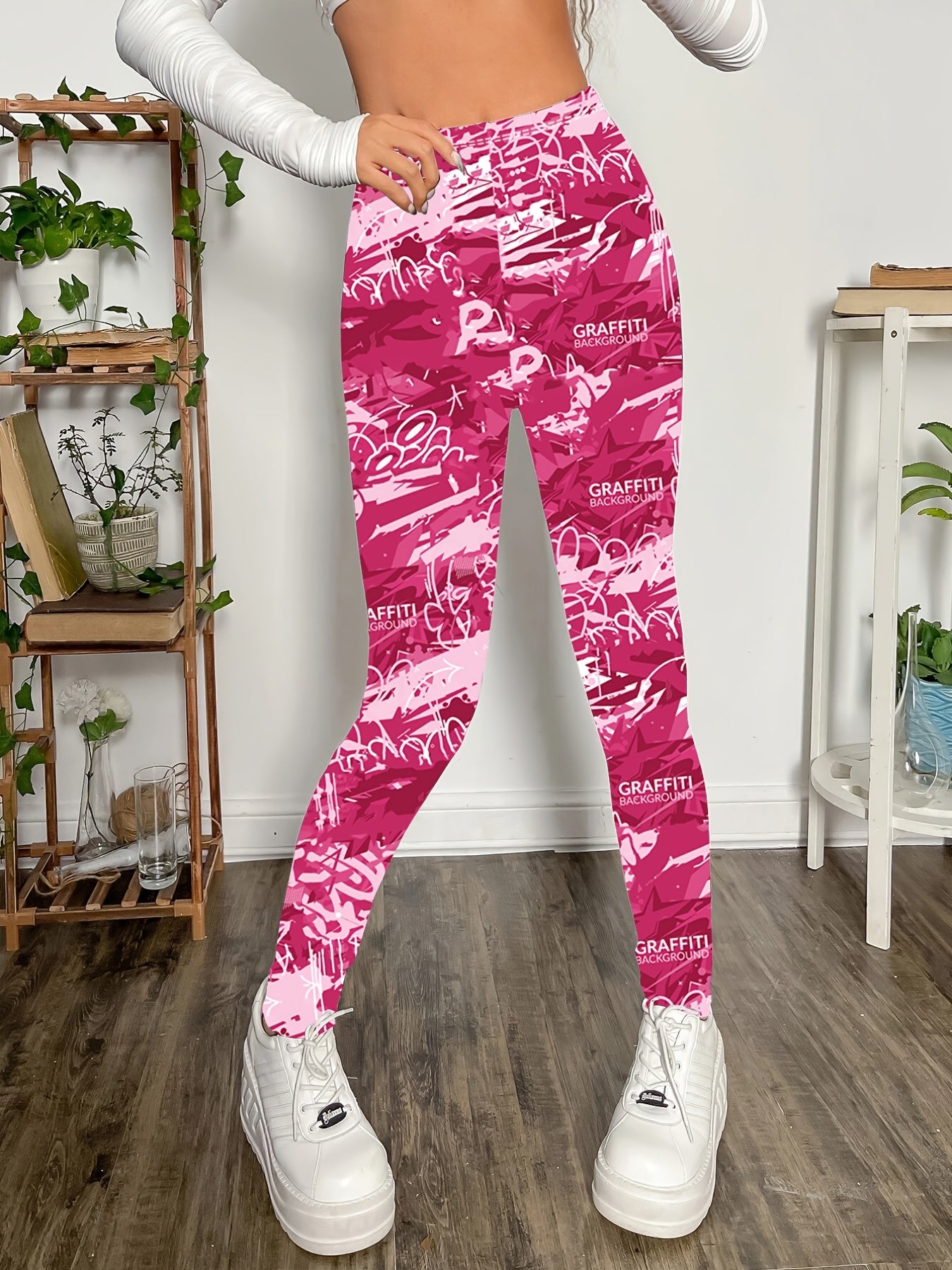 Graffiti Print Skinny Leggings Stretchy Casual Women's Clothing