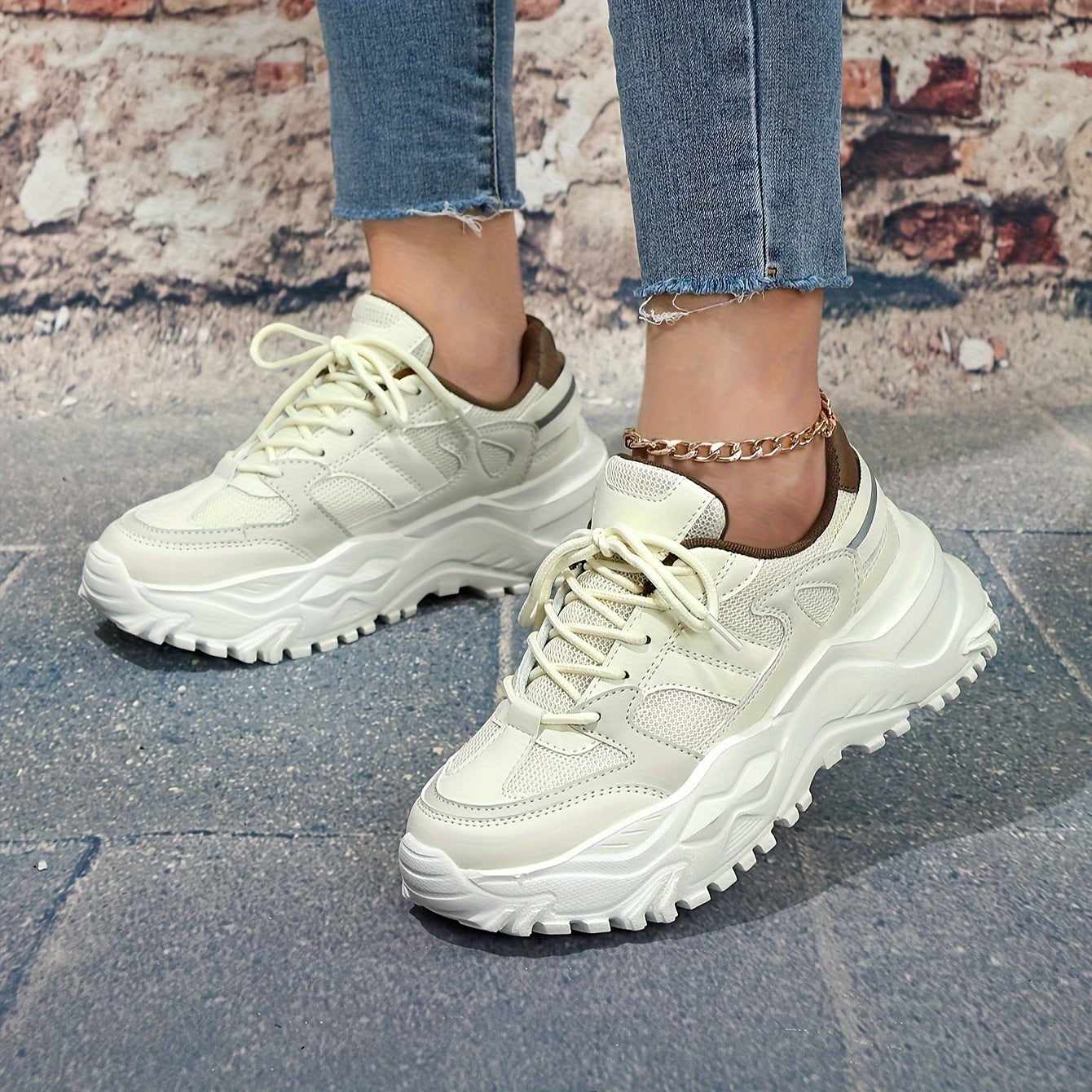 Faux Leather Chunky Sneakers Shock Absorption Running Shoes