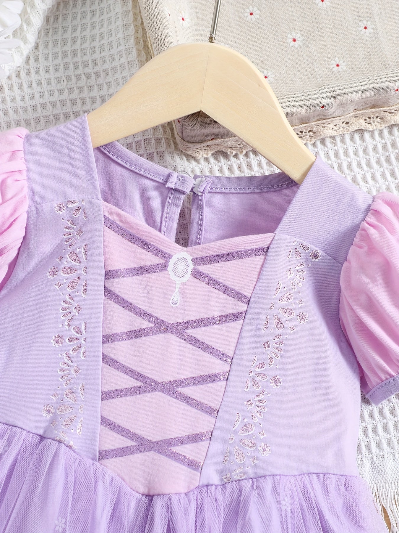 Girls Princess Dress Puff Sleeve Tulle Ribbon Print Halloween Party