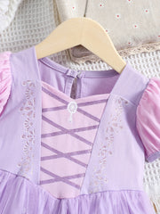 Girls Princess Dress Puff Sleeve Tulle Ribbon Print Halloween Party
