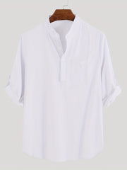 Men's Solid Short Sleeve Stand Collar Shirt