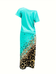 Casual Two Piece Skirt Set - Letter Print Top & Leopard Print Skirt