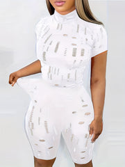 Solid Two piece Set Mock Neck Short Sleeve Tops & Slim Shorts Outfits
