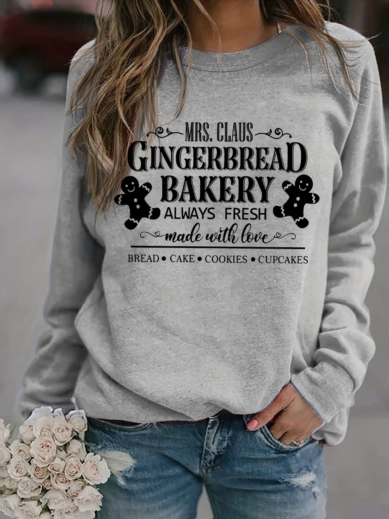 Gingerbread Bakery Sweatshirt Long Sleeve Crew Neck Women's Clothing