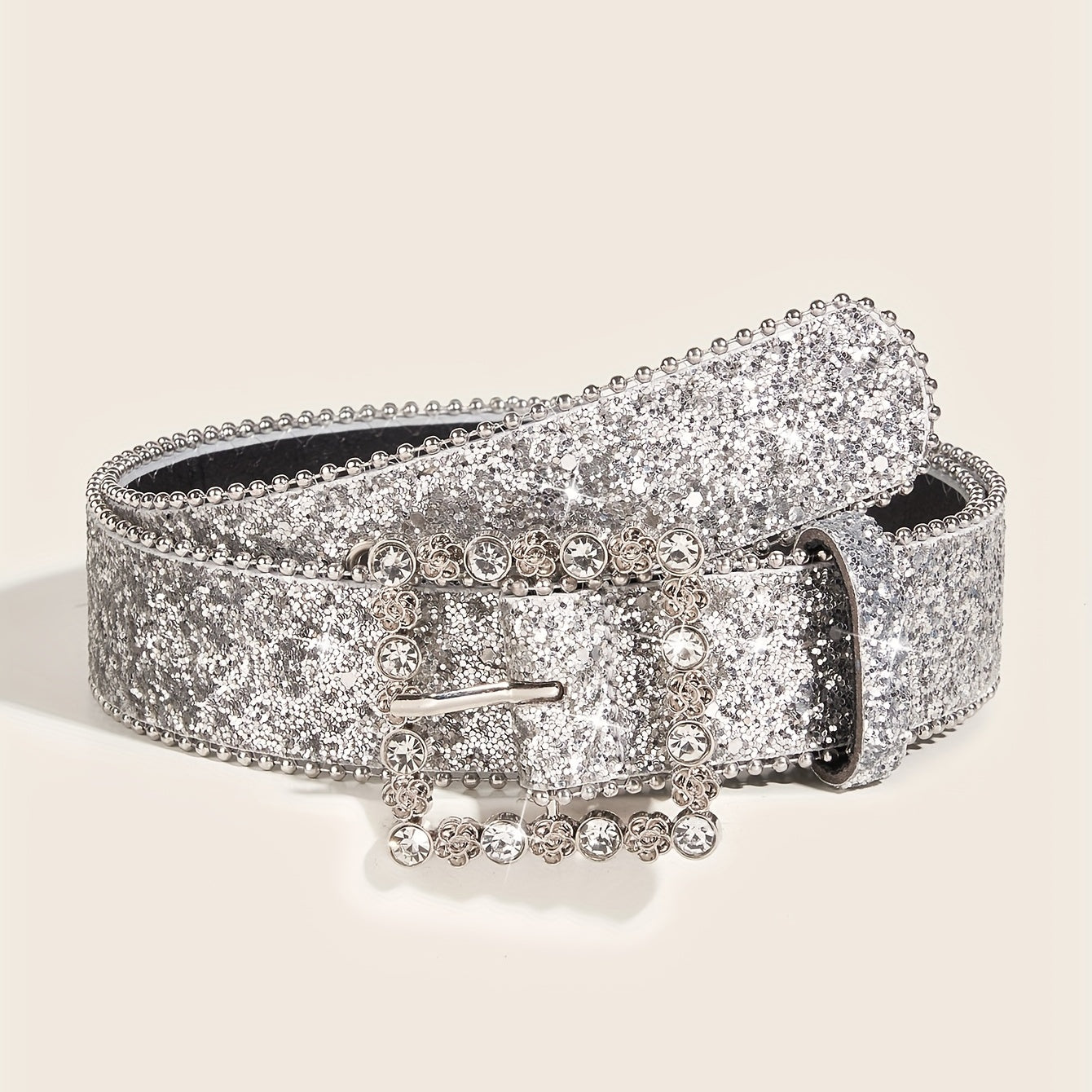 Glitter Sparkle Square Pin Buckle Belt Beaded Jeans Belt for Women