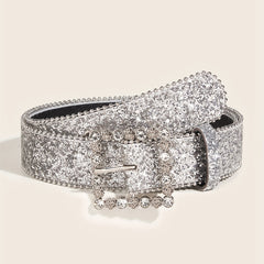 Glitter Sparkle Square Pin Buckle Belt Beaded Jeans Belt for Women