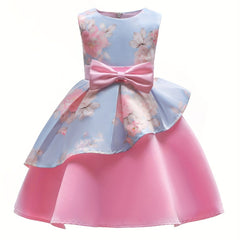 Girls Sleeveless Flowers Graphic Bow Princess Dress Gown