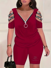 Plus Size Rhinestone Decor Cut Out Sleeve Top & Ripped Shorts Set