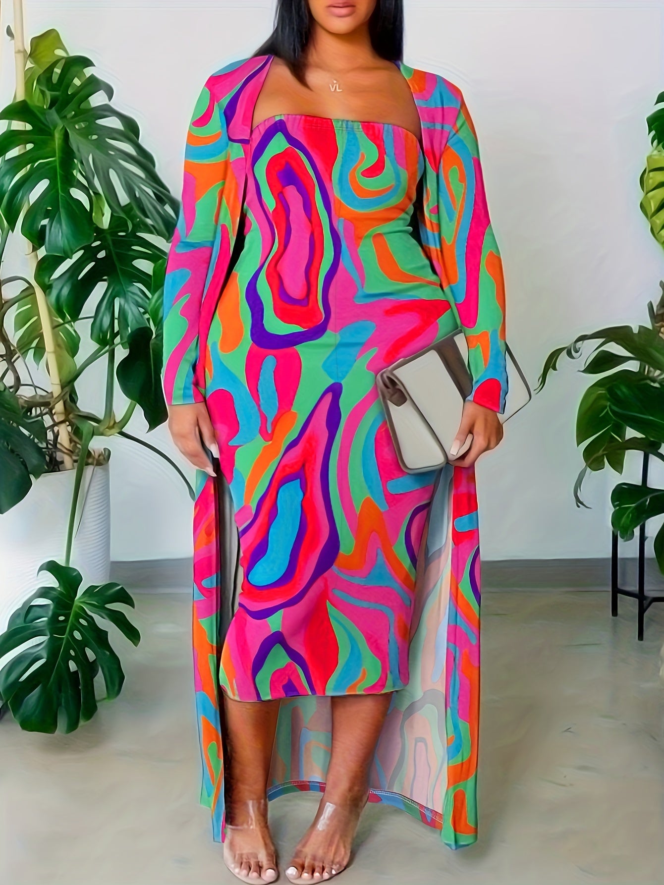 Women's Plus Tie Dye Tube Dress and Long Sleeve Coat Set