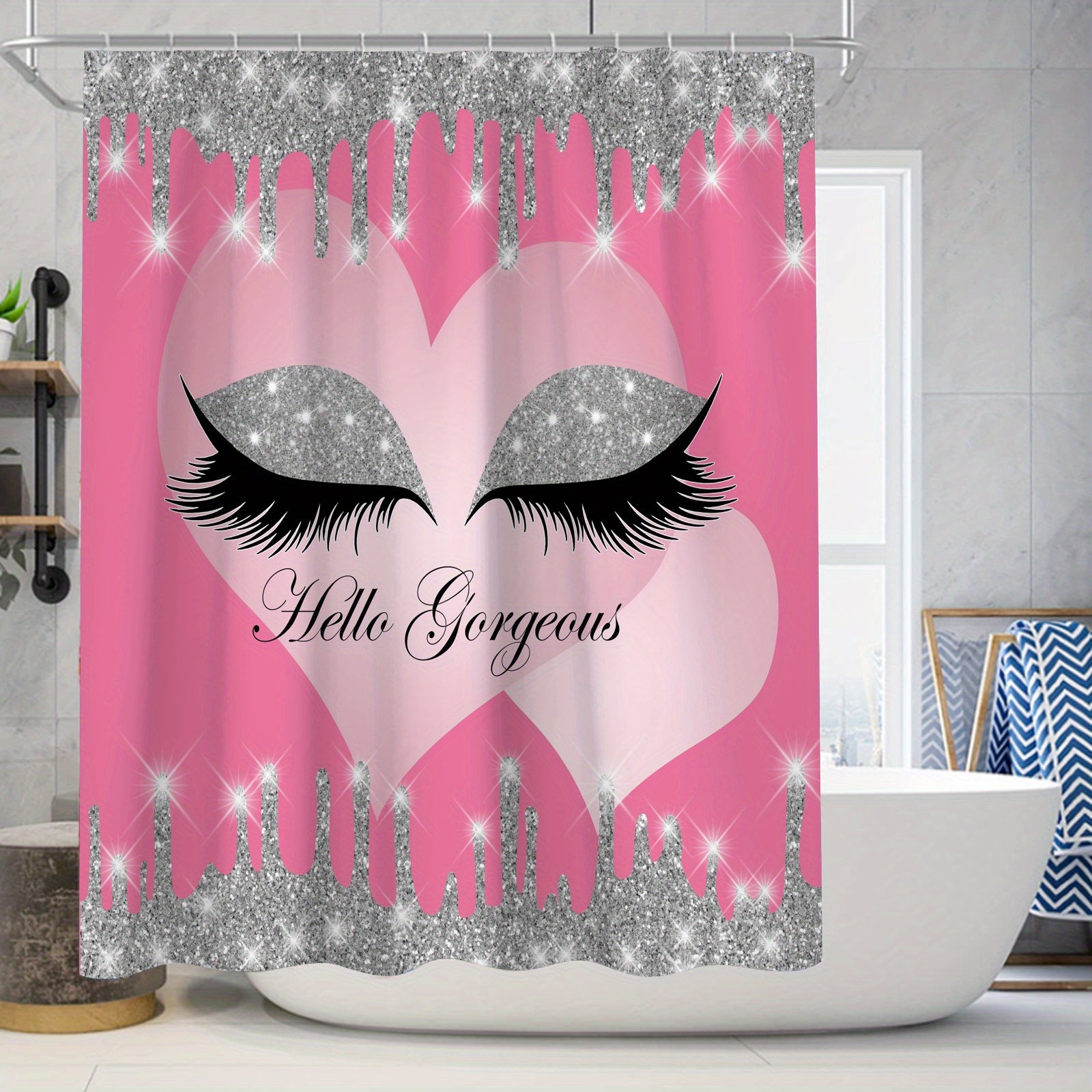 Sparkling Eyelash Shower Curtain Set with Non Slip Bath Mat