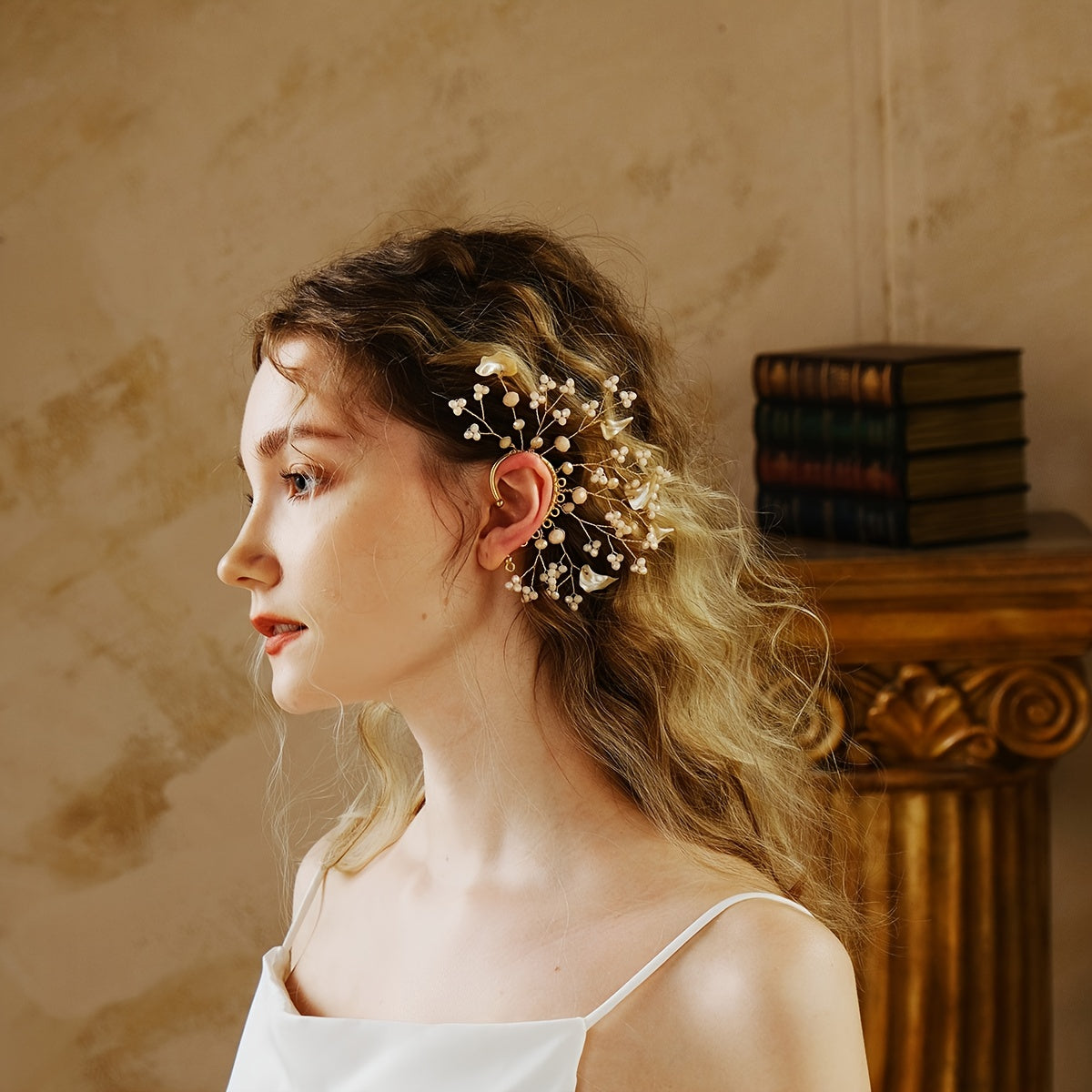 Crystal Shell Ear Bone Clip Elf Ear Hanging Earrings for Bride