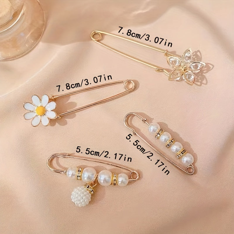 Rhinestone Scarf Pin Set Faux Pearl Flower Brooch Collar Pins
