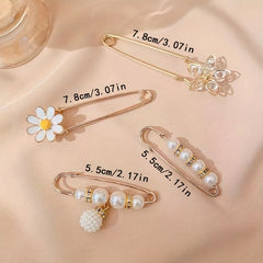 Rhinestone Scarf Pin Set Faux Pearl Flower Brooch Collar Pins