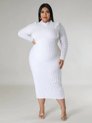 Solid Crinkle Long Sleeve High Neck Midi Dress