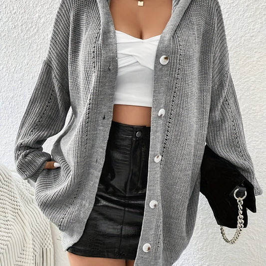 Solid Hollow Out Hoodie Cardigan