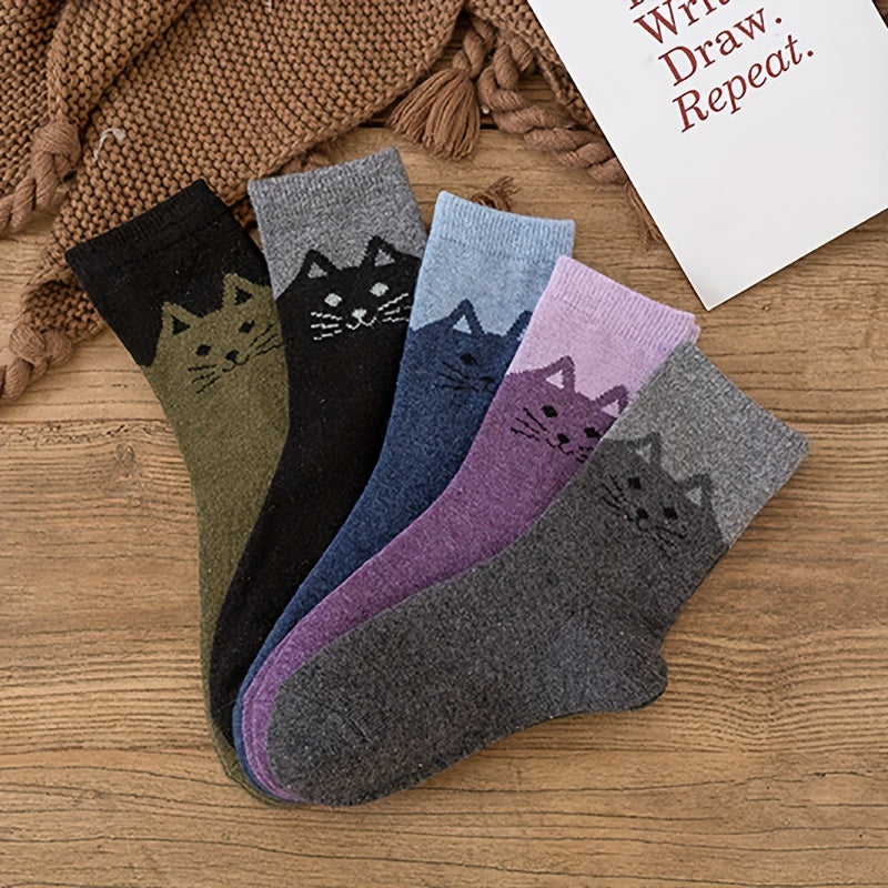 5 Pairs Cat Print Socks Warm & Comfy Women's Mid Tube Stockings