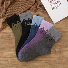 5 Pairs Cat Print Socks Warm & Comfy Women's Mid Tube Stockings