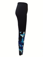 Butterfly Print Cut Out Leggings Casual High Waist Skinny Leggings