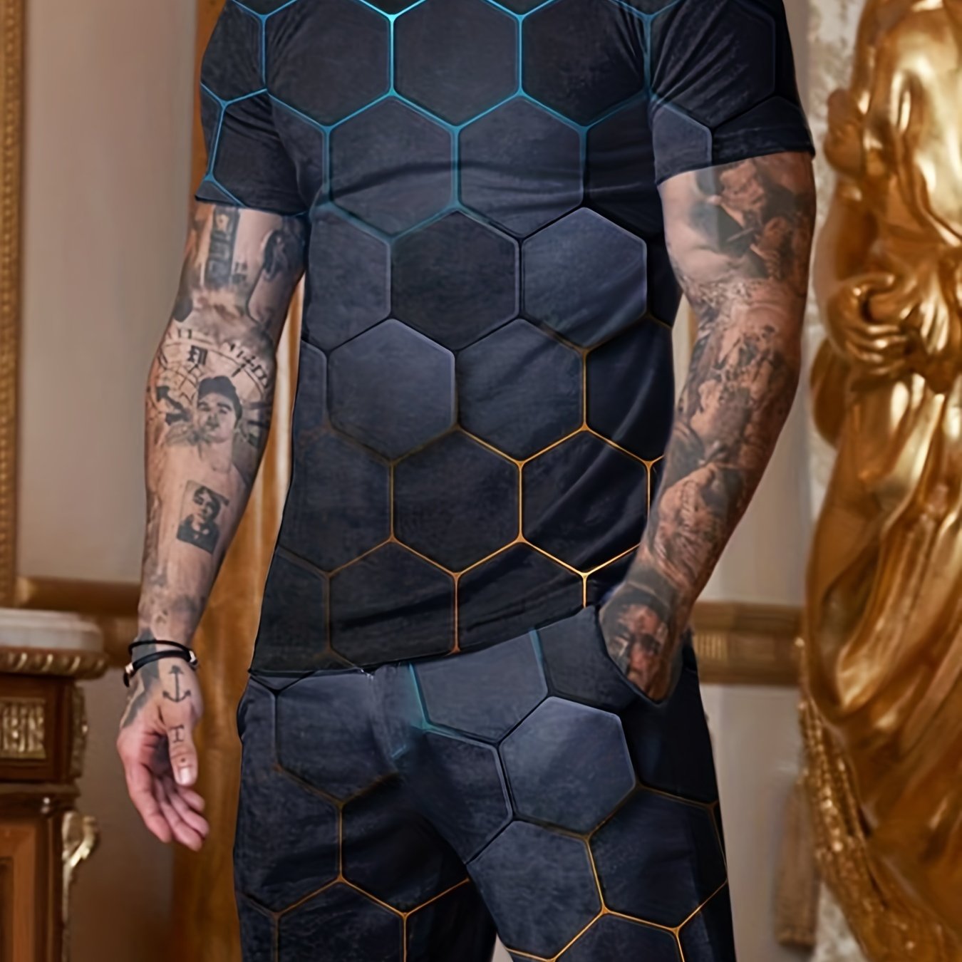 Geometric Pattern Print Men's 2Pcs Outfits Short Sleeve T-shirt And Shorts Set