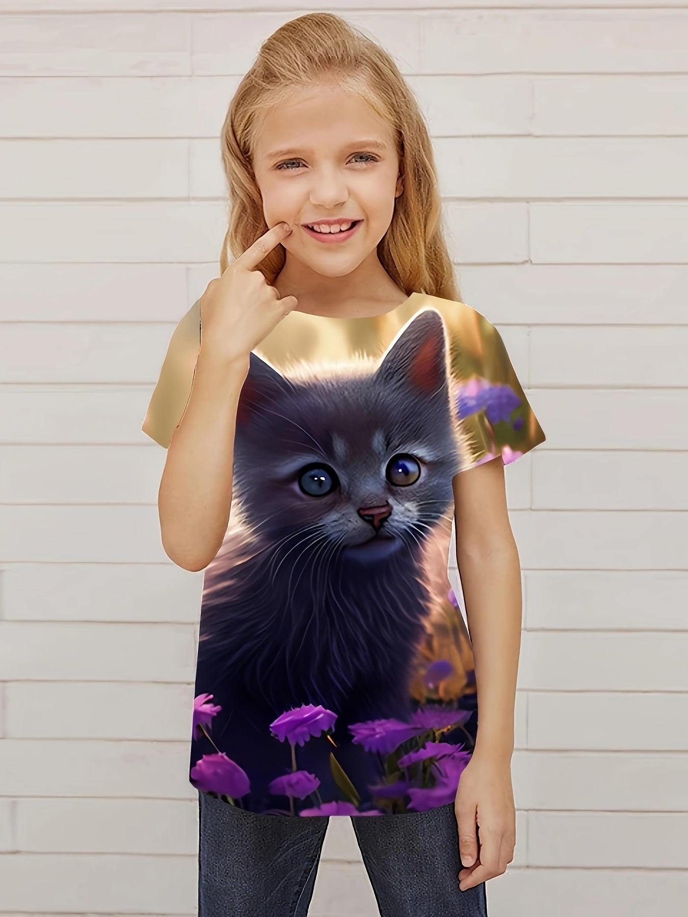 3D Cat Graphic Short Sleeve T Shirt for Girls