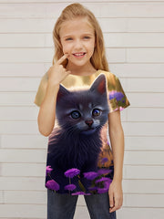 3D Cat Graphic Short Sleeve T Shirt for Girls