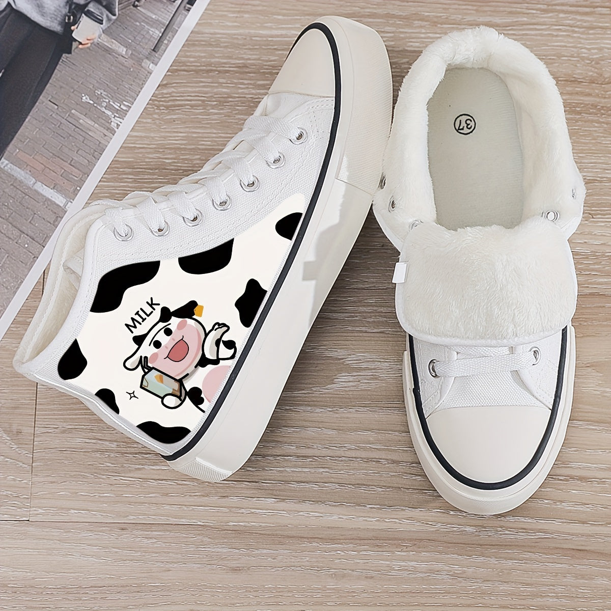 Cow Print Plush Lined Chunky Sneakers