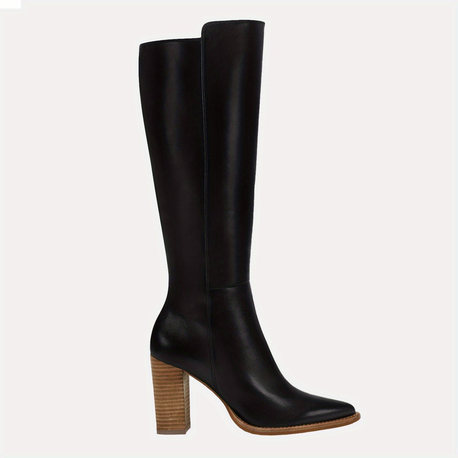 Women's Stacked Heel Knee High Boots Pointed Toe Side Zipper Long Boots