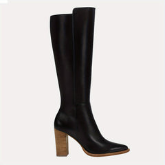 Women's Stacked Heel Knee High Boots Pointed Toe Side Zipper Long Boots