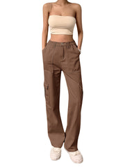 High Rise Solid Cargo Pants Expanded Pockets Loose Baggy Fit