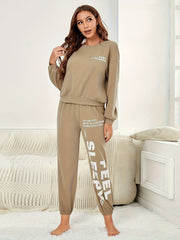 Letter Print Pajama Set Long Sleeve Top & Pants Women's Sleepwear