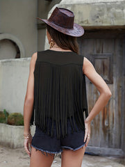 Western Hollow Out Fringe Trim Vest Jacket Casual Sleeveless Open Front Vest