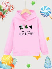 Cat Print Girls Cotton Pullover Hooded Sweatshirt for Autumn Winter