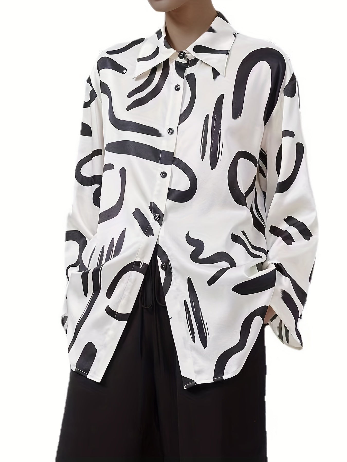 Graffiti Print Button Up Blouse Long Sleeve