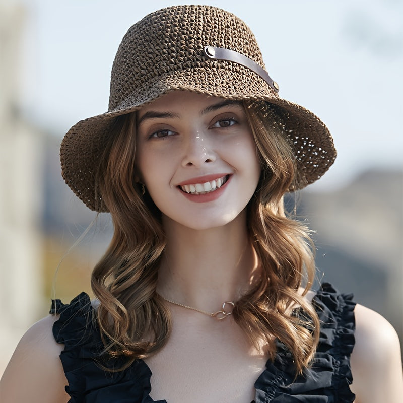 Brown Crochet Bucket Hat Hollow Breathable French Style Straw Hat