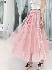 Lace Pleated Maxi Skirt with High Waist