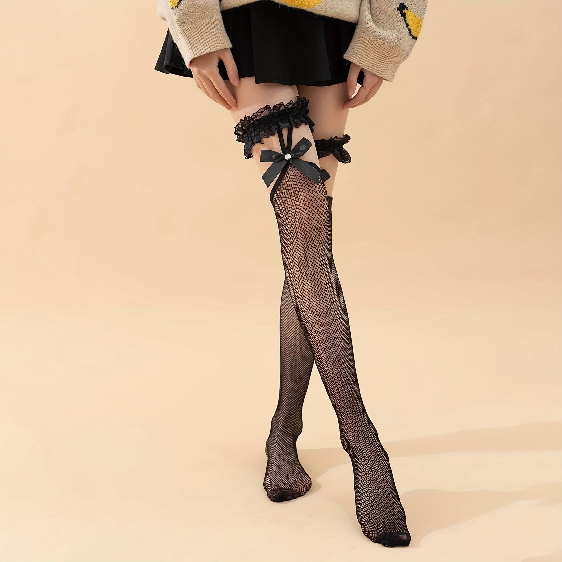 Lace Mesh Thigh High Stockings Bow Ruffle Over The Knee Socks