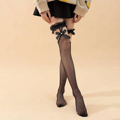 Lace Mesh Thigh High Stockings Bow Ruffle Over The Knee Socks