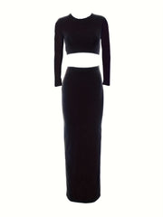 Casual Two Piece Set Crew Neck Top & Maxi Skirt Outfit Women's Clothing