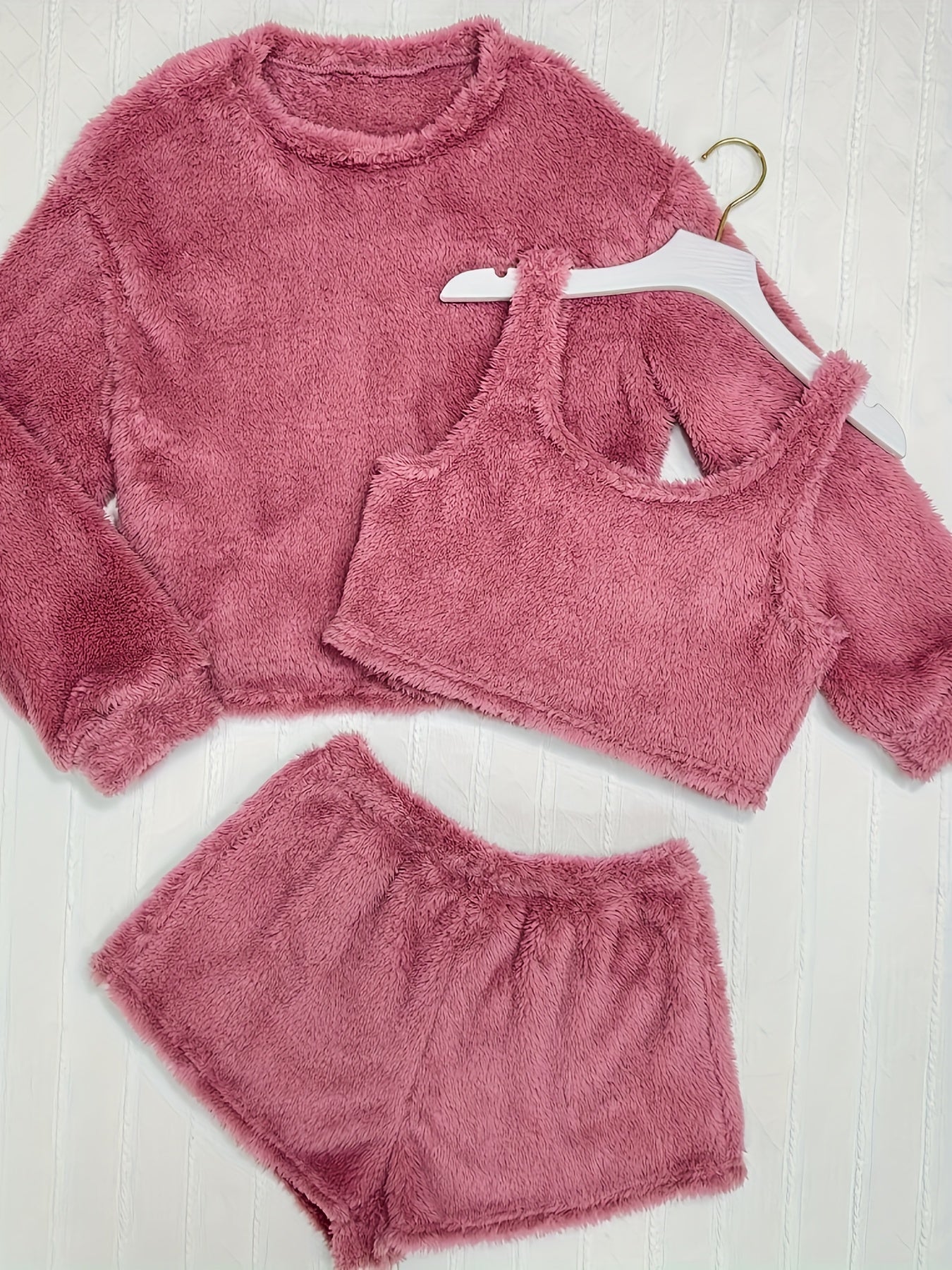 Cozy Fleece Loungewear Set: Long Sleeve Top, Tank Top & Shorts
