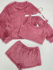 Cozy Fleece Loungewear Set: Long Sleeve Top, Tank Top & Shorts