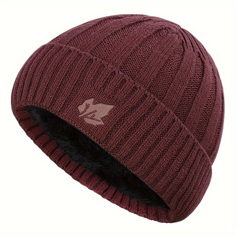 Winter Velvet Beanie Hat Maple Leaf Print Outdoor Ski Hat