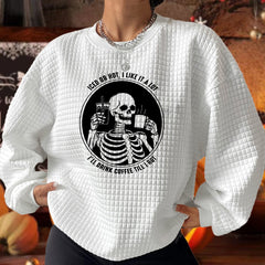 Halloween Skull Print Waffle Lounge Top Crew Neck Long Sleeve Top Women