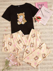 Bear Print Pajamas Set Crew Neck Top & Shorts Women's Sleepwear