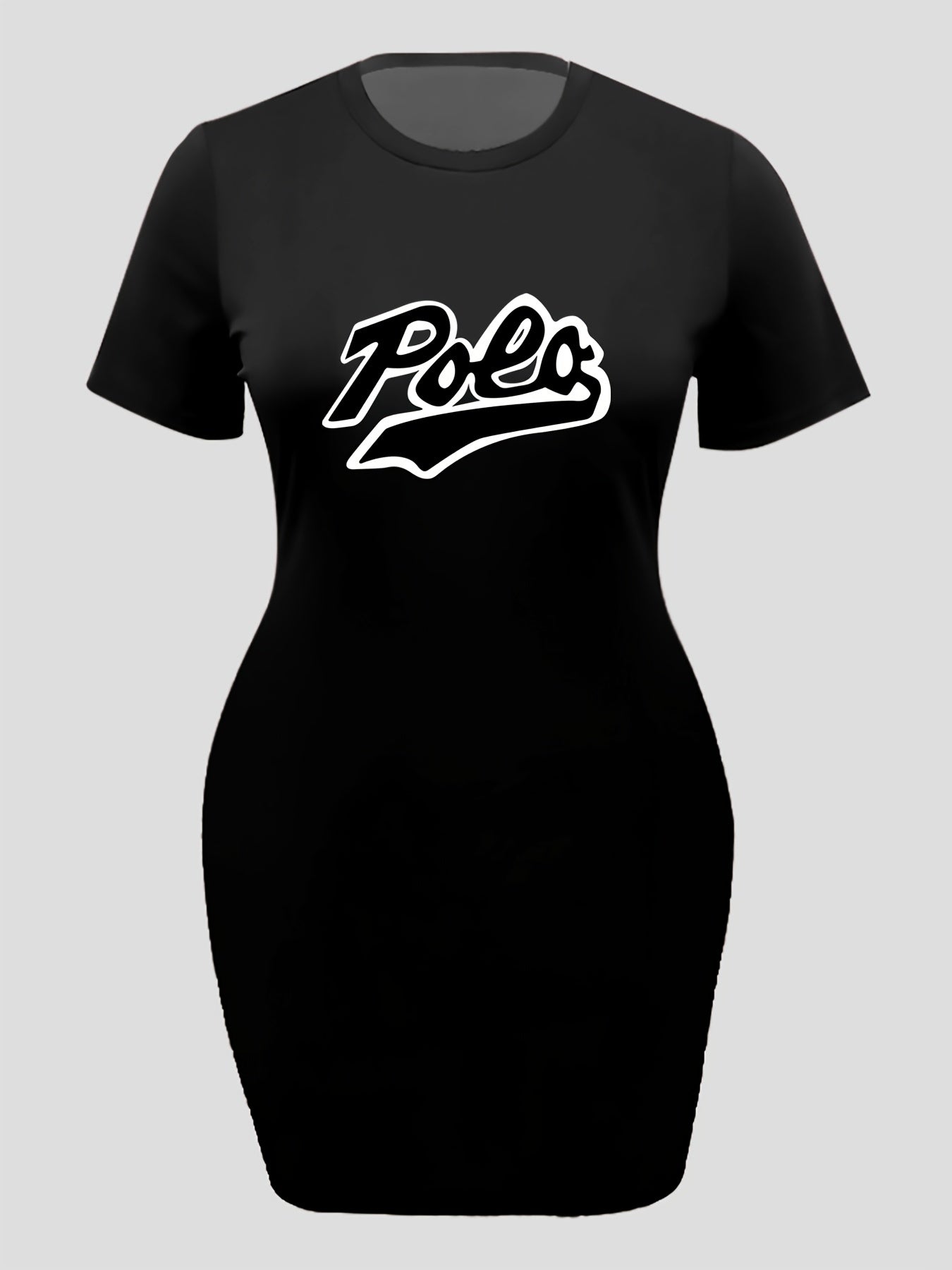 Plus Size Letter Print Tee Dress High Stretch Short Sleeve Midi