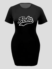 Plus Size Letter Print Tee Dress High Stretch Short Sleeve Midi