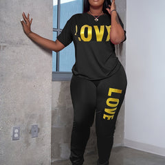 Love Print Short Sleeve Top & Pants Set Women's Plus Sport