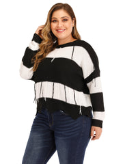 Colorblock Fringe Trim Sweater Loose Fit Women's Plus Casual