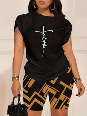 Faith Letter Print Two Piece Set Casual Outfit