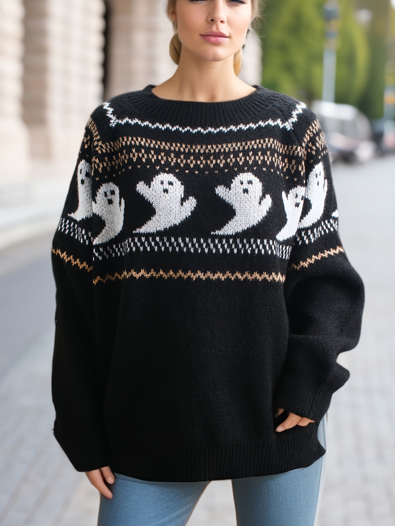 Women's Plus Ghost Print Sweater Round Neck Jumper